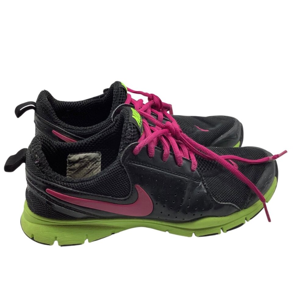 Nike Black Training Running Shoes‎ Sneakers Pink Swoosh Laces Green Women Sz 6.5